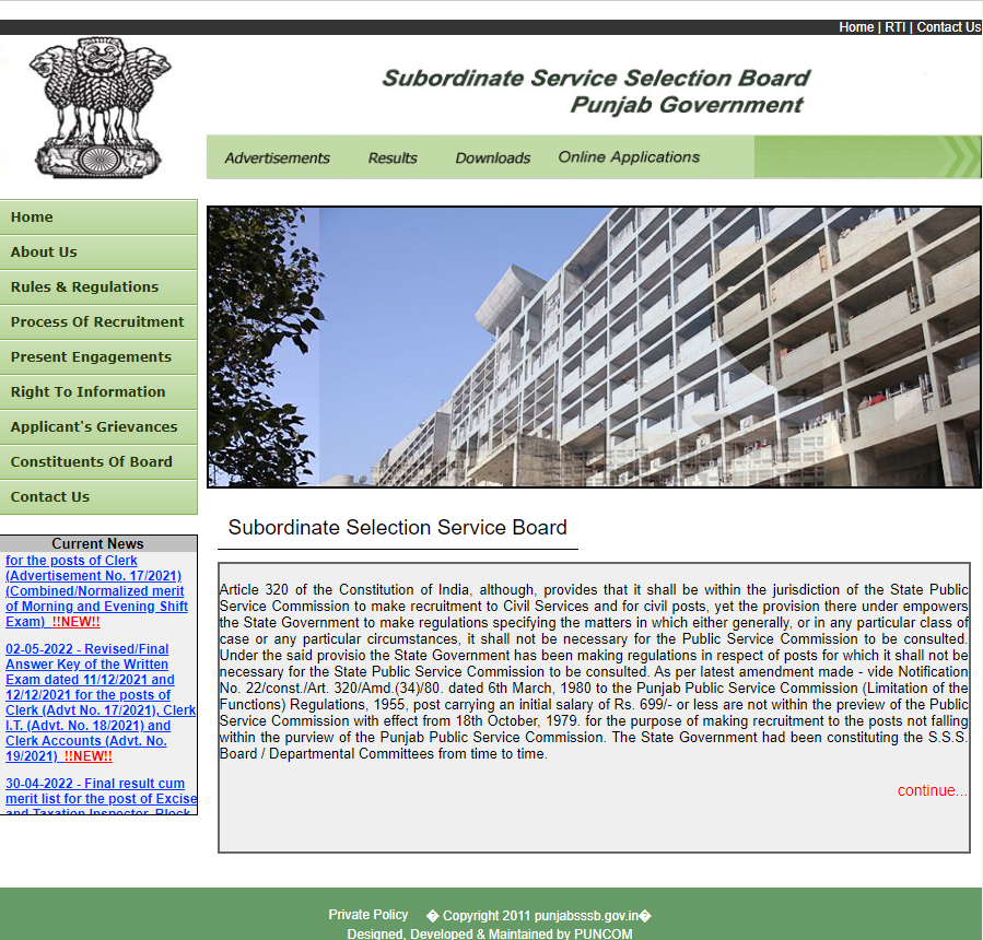 Homepage of PSSSB